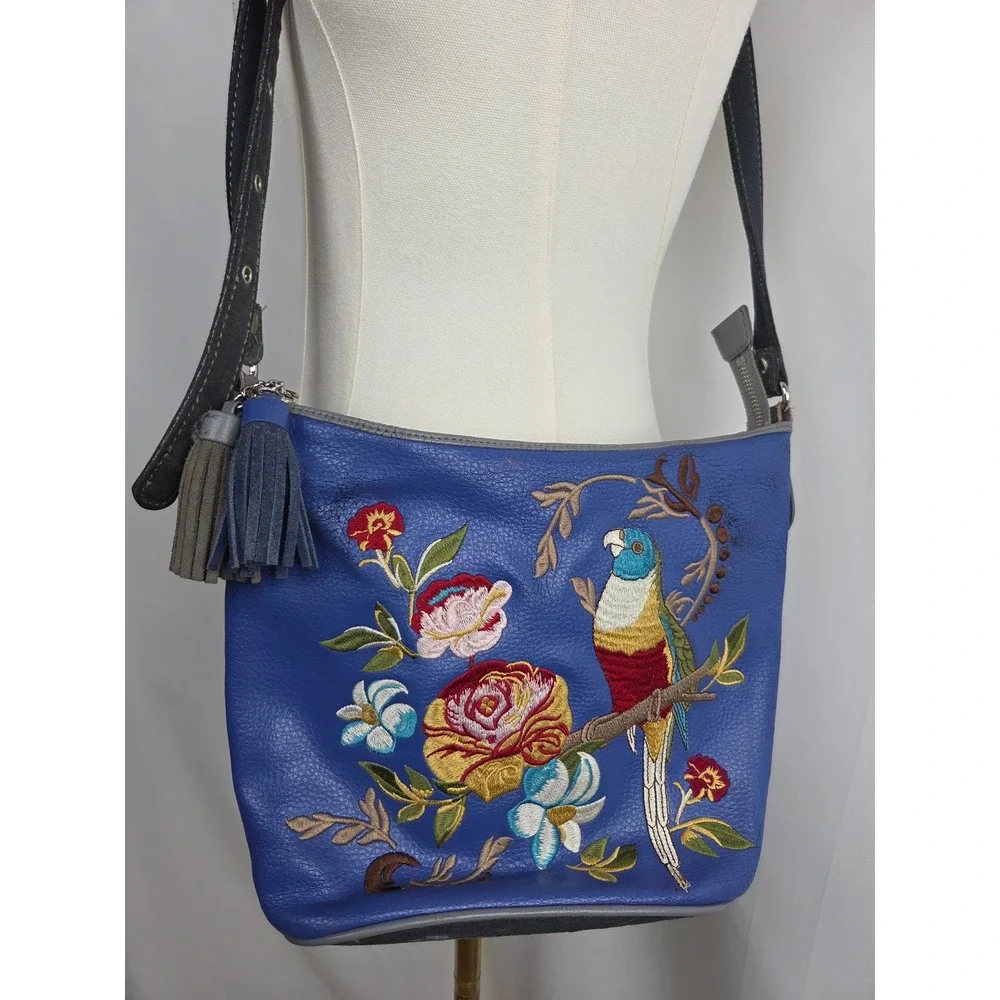 Sharif Crossbody Bag Medium Blue Embroidered Parrot Floral Tassel Leather